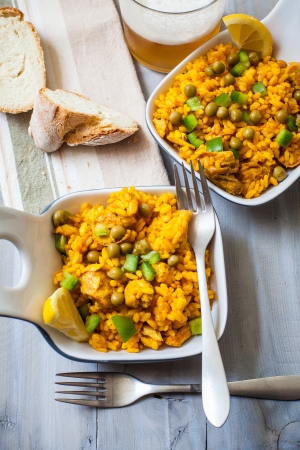 two bowls with spanish rice paella styleの写真素材