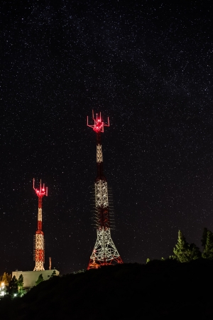tv and broadcast antenna on rich star backgroundの写真素材