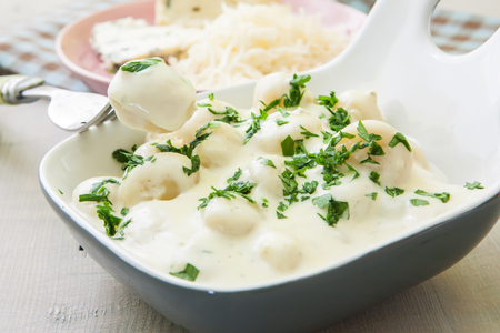 italian potato noodle with cheese sauce and basilの写真素材