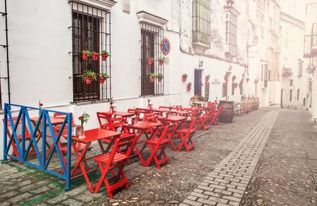 traditional outdoor terrace bar and restauran in arcos de la frontera cadizのeditorial素材
