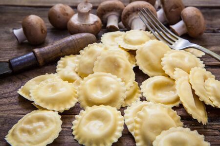 italian homemade ravioli style stuffed with cheese and portobello mushroomsの写真素材