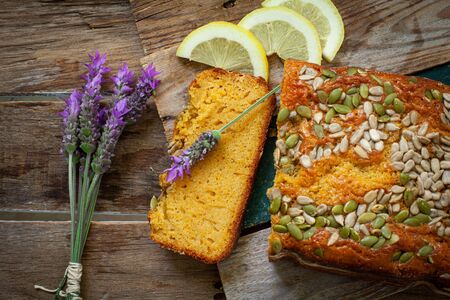Homemade fresh carrot cake with sunflower seed