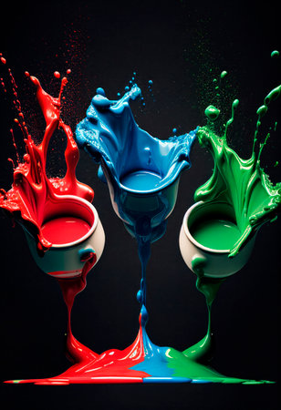 Three paint bucket on black background splashing the paint in the air and floorの素材