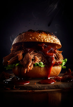 homemade pulled pork served with bbq sauce on top ready to eat on a bun with fried egg and french friesの素材