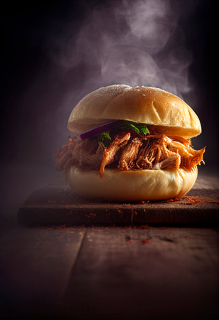 homemade pulled pork served with bbq sauce on top ready to eat on a bun with fried egg and french friesの素材