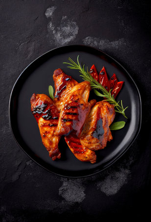Buffalo and chili sauce and bbq chicken wings and legs on different viewsの素材