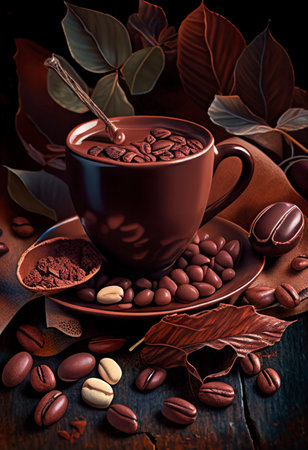 hot dark chocolate cup with mint leaves and cocoa powderの素材