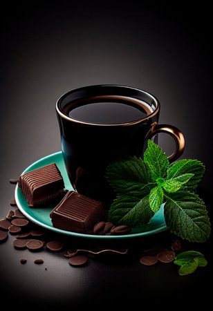 hot dark chocolate cup with mint leaves and cocoa powderの素材