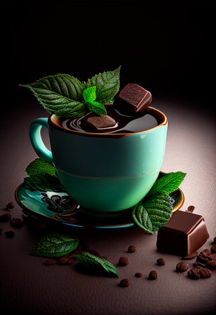 hot dark chocolate cup with mint leaves and cocoa powderの素材