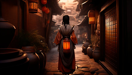 a geisha walking in a lonely alley in the city of osaka at sunset with orange lightsの素材