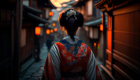 a geisha walking in a lonely alley in the city of osaka at sunset with orange lightsの素材