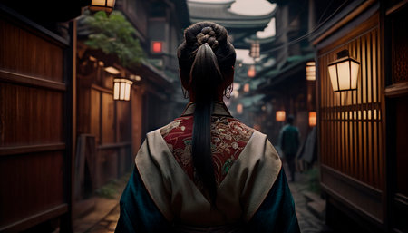 a geisha walking in a lonely alley in the city of osaka at sunset with orange lightsの素材