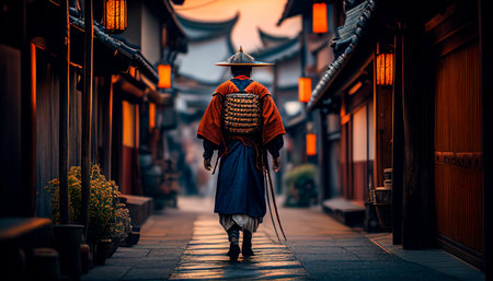 an old samurai walking in a lonely alley in the city of osaka at sunset with orange lightsの素材