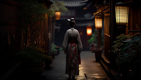 a geisha walking in a lonely alley in the city of osaka at sunset with orange lightsの素材
