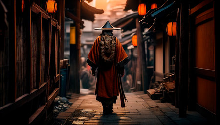 an old samurai walking in a lonely alley in the city of osaka at sunset with orange lightsの素材