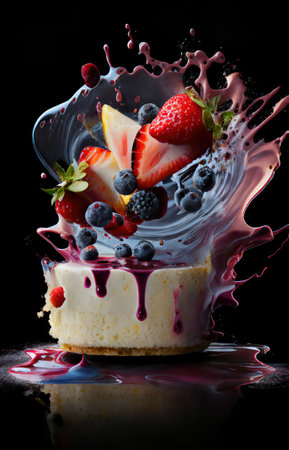 a piece of homemade cheese cake with lots of red berries and cream splashの素材