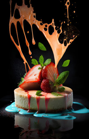 a piece of homemade cheese cake with lots of red berries and cream splashの素材