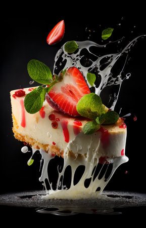 a piece of homemade cheese cake with lots of red berries and cream splashの素材