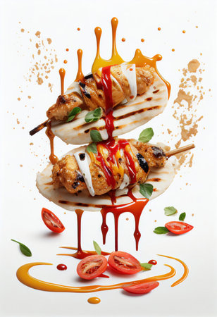 two beef or chicken skewer or kofta with vegetables grilled on barbaqueの素材