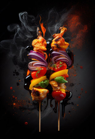 two beef or chicken skewer or kofta with vegetables grilled on barbaqueの素材