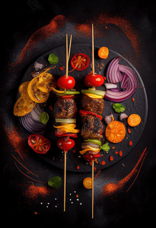two beef or chicken skewer or kofta with vegetables grilled on barbaqueの素材