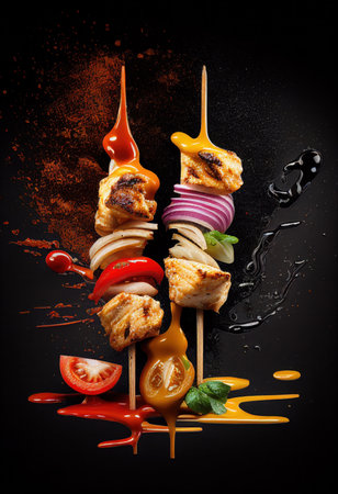 two beef or chicken skewer or kofta with vegetables grilled on barbaqueの素材