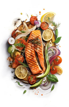 Fresh tuna steak with vegetables at grill on black backgroundの素材