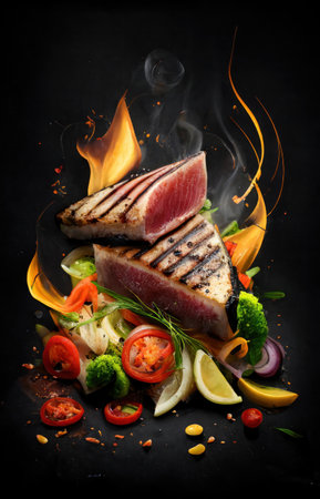 Fresh tuna steak with vegetables at grill on black backgroundの素材
