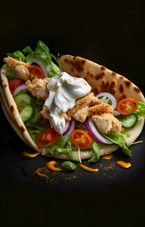 crispy chicken nuggets and popcorn on pita bread and donnerの素材