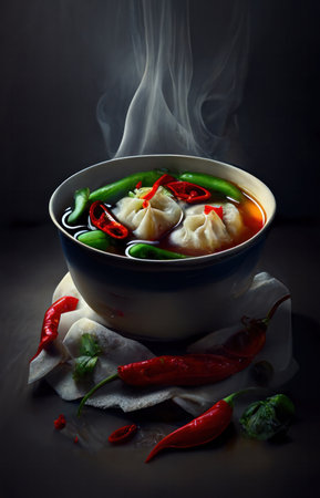chinese traditional wonton or dumplings soup with fresh vegetablesの素材