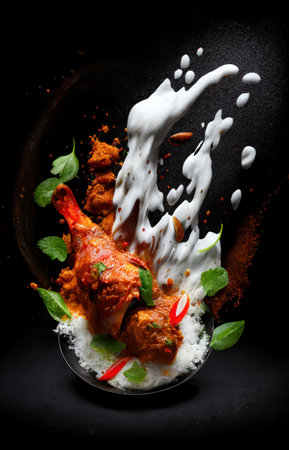 chicken curry garam masala with cocoa milk cooked on tandoori with fresh herbsの素材