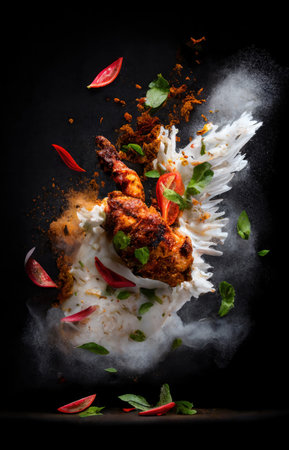 chicken curry garam masala with cocoa milk cooked on tandoori with fresh herbsの素材