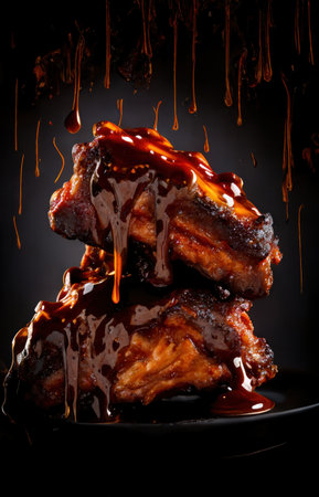 BBQ ribs grilled with herbs and mustard and honey sauce ready to eatの素材