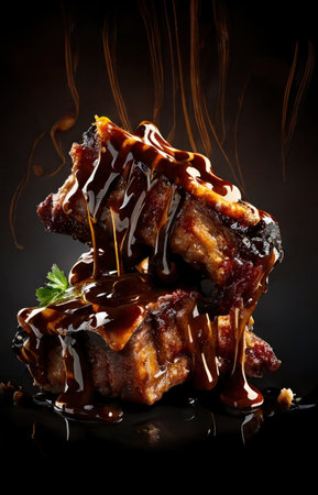 BBQ ribs grilled with herbs and mustard and honey sauce ready to eatの素材