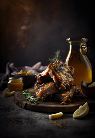 BBQ ribs grilled with herbs and mustard and honey sauce ready to eatの素材