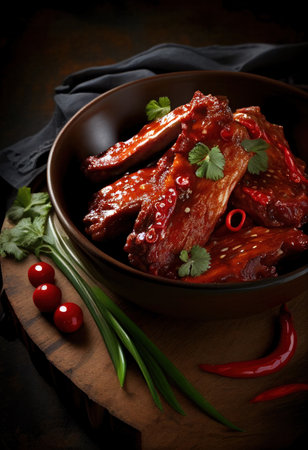 BBQ ribs grilled with herbs and mustard and honey sauce ready to eatの素材