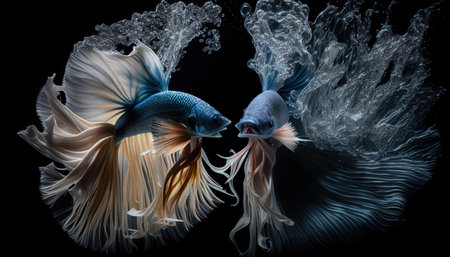 two very aggressive beta fish siam fighter on assorted colors with water bubblesの素材