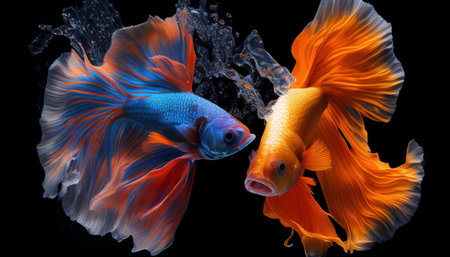 two very aggressive beta fish siam fighter on assorted colors with water bubblesの素材