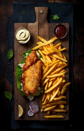 Delicious homemade hot chicken wings with sauce and french friesの素材