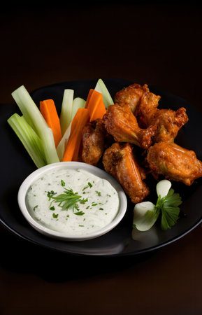 Delicious homemade hot chicken wings with sauce and french friesの素材