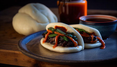 Chicken and pork belly Bao Buns Korean style with hoisin sauceの素材
