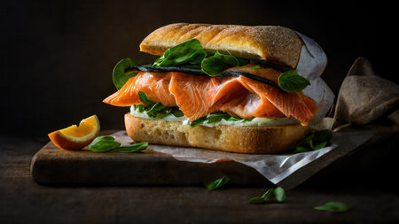 Homemade smoked salmon sandwich with cream cheese sauce and lettuceの素材