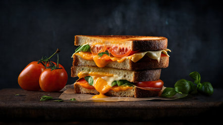 Delicious grilled blue stilton cheese sandwich served on wooden tray melted mozzarellaの素材