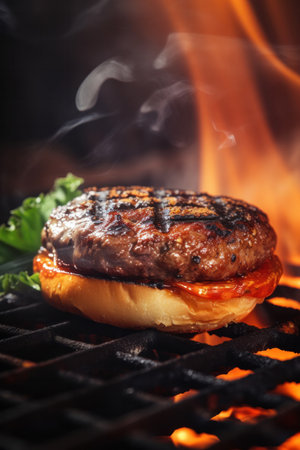 Restaurant cooked homemade yummy burger with vegetables and sauce on black backgroundの素材