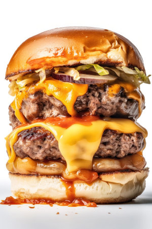 Restaurant cooked homemade yummy burger with vegetables and sauce on black backgroundの素材