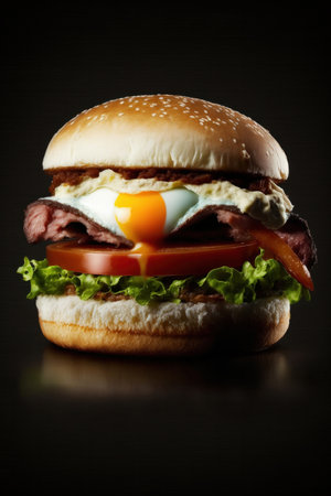 Restaurant cooked homemade yummy burger with vegetables and sauce on black backgroundの素材