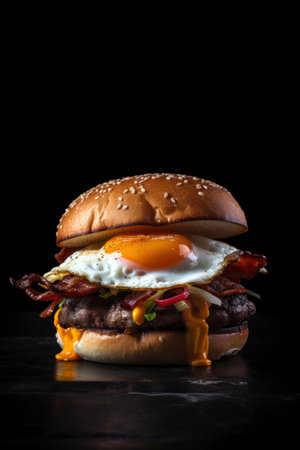 Restaurant cooked homemade yummy burger with vegetables and sauce on black backgroundの素材
