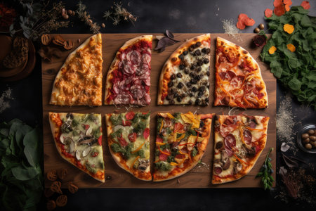 Italian all types of pizza collection on wooden backgroundの素材