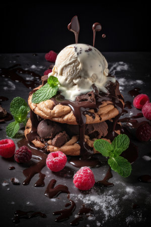 Chocolat cookies new york style with chips and berries and ice creamの素材