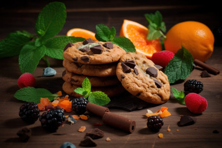 Chocolat cookies new york style with chips and berries and ice creamの素材